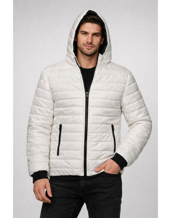 ERKEK Şişme Kapüşonlu Fermuarlı Mont Su İtici Kapitone Cepli Ceket - Krem