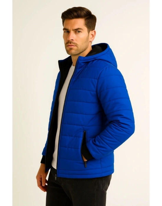 ERKEK Şişme Kapüşonlu Fermuarlı Mont Su İtici Kapitone Cepli Ceket -  Saks Mavisi