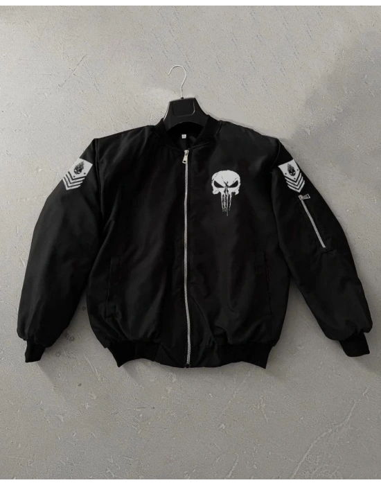 ERKEK Siyah Askeri Tarz Bomber Mont Punisher Skull Detaylı Fermuarlı Cepli - Siyah