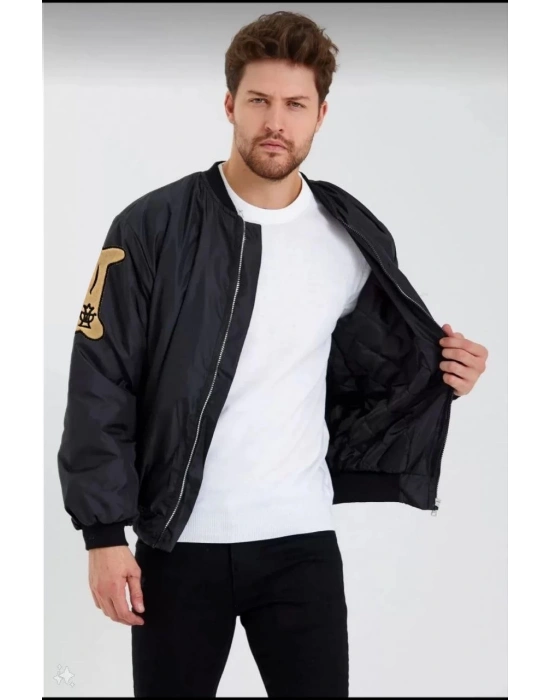 Erkek Siyah Bomber Kolej Mont B Harfi Kemik Baskılı Su İtici Kapitone Astarlı - Siyah