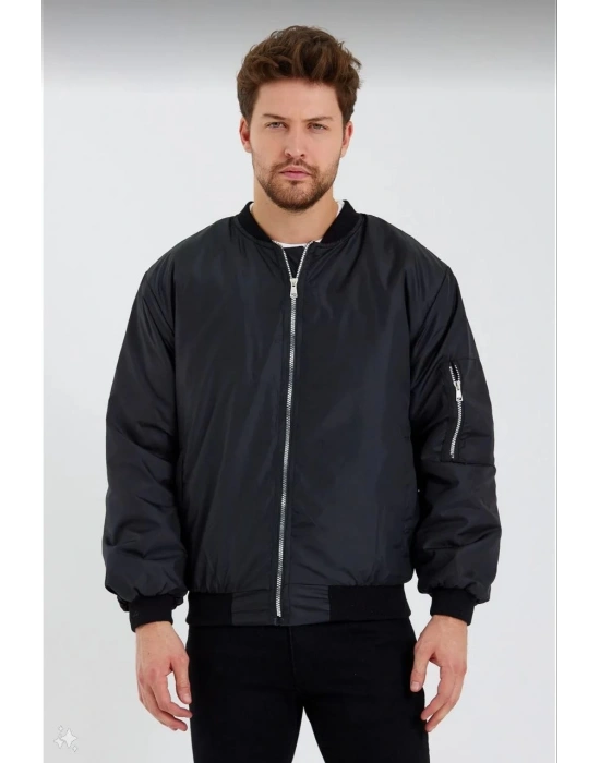 ERKEK Siyah Bomber Mont Su İtici Kapitone Astarlı Fermuarlı Ceket - Siyah