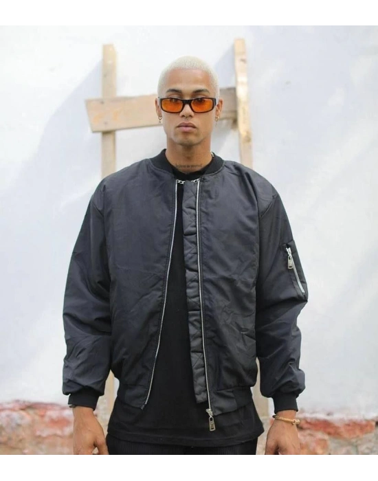 ERKEK Siyah Bomber Mont Su İtici Kapitone Astarlı Fermuarlı Ceket - Siyah