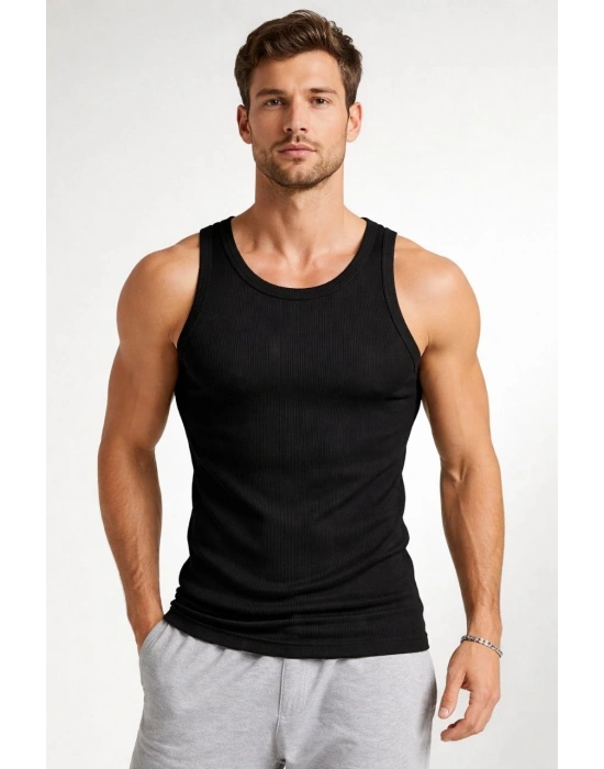 Erkek Spor Slimfit Fitilli Kaşkorse Arka Basklı Atlet 2li Set Siyah-Bej