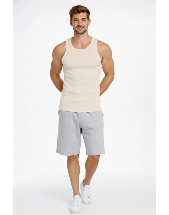 Erkek Spor Slimfit Fitilli Kaşkorse Arka Basklı Atlet 2li Set Siyah-Bej