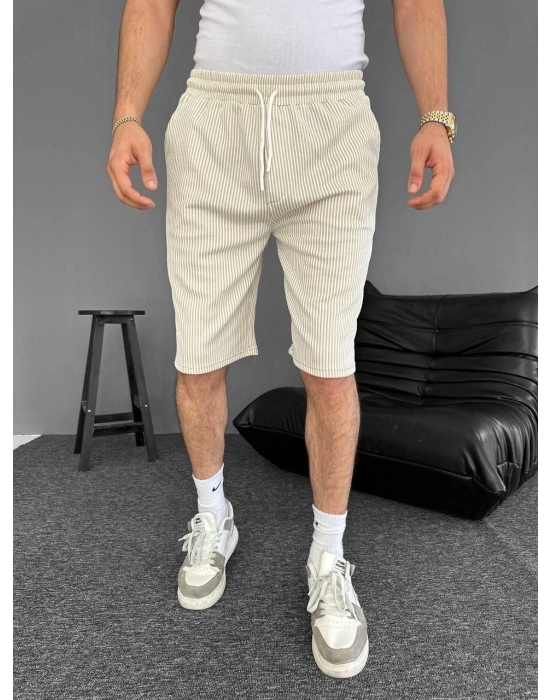 Erkek Su Yolu Çizgili Ön Arka Cepli Şort - Bej
