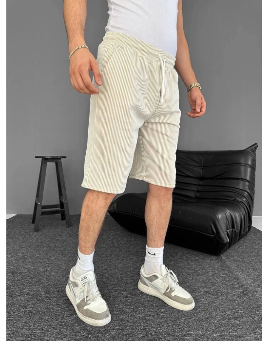 Erkek Su Yolu Çizgili Ön Arka Cepli Şort - Bej