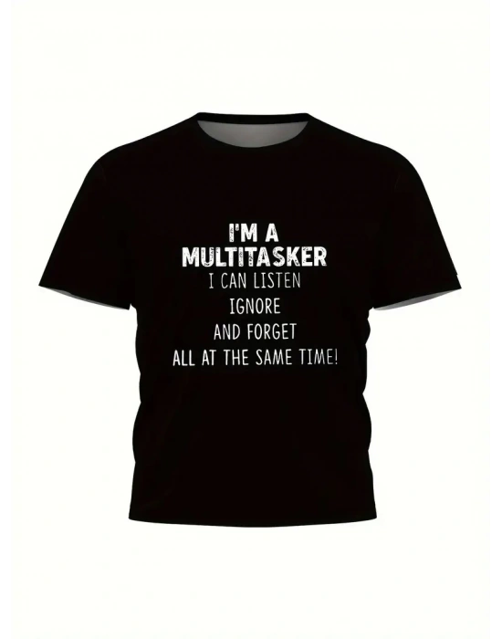 Erkek T-shirt Komik Multitasker Baskılı Kısa kol Tişört - Siyah
