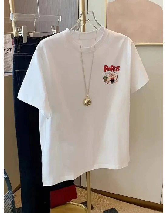 Erkek T-Shirt Oversize Kısa kol Tişört Popeye Baskılı - Beyaz