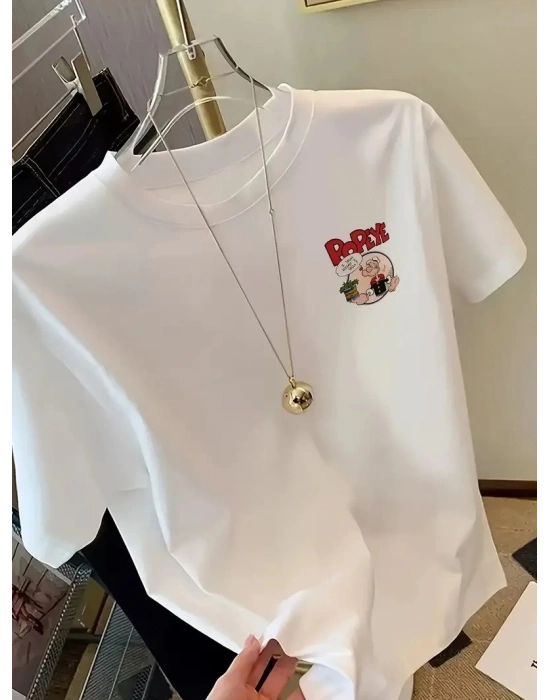 Erkek T-Shirt Oversize Kısa kol Tişört Popeye Baskılı - Beyaz