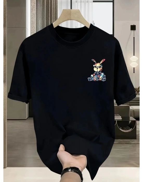Erkek T-shirt Tavşan Baskılı Kısa Kollu Tişört - Siyah