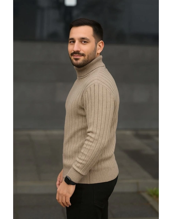 Erkek Tam Boğazlı Balıkçı Yaka Triko Kazak Kalın Fitilli - Bej