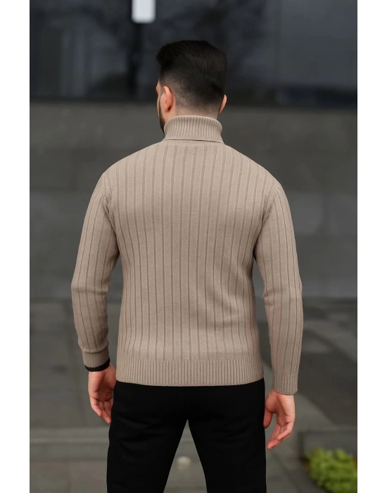 Erkek Tam Boğazlı Balıkçı Yaka Triko Kazak Kalın Fitilli - Bej