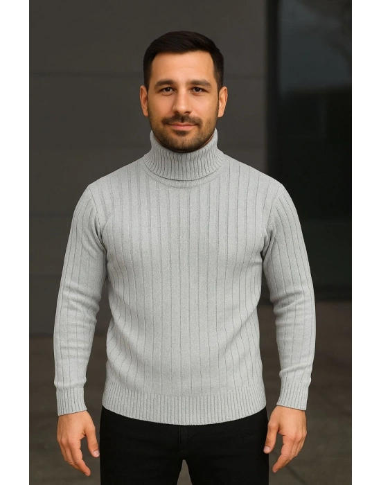 Erkek Tam Boğazlı Balıkçı Yaka Triko Kazak Kalın Fitilli -  Gri