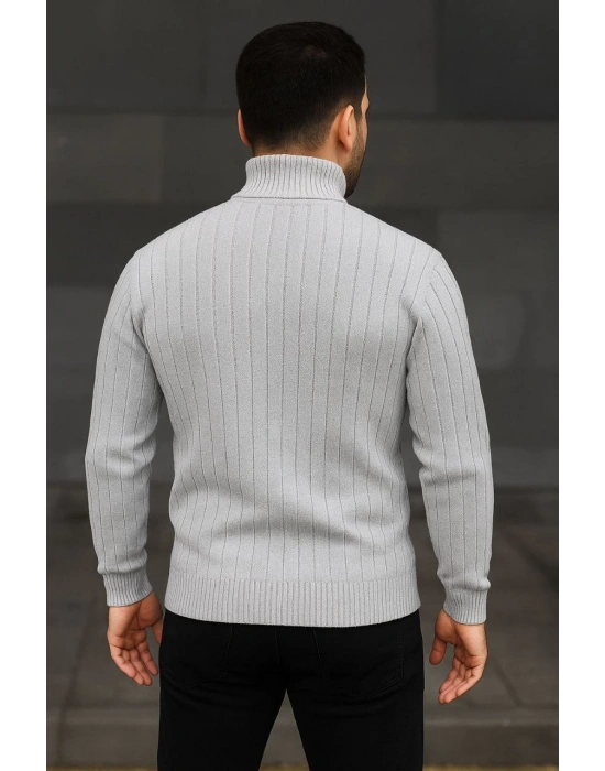 Erkek Tam Boğazlı Balıkçı Yaka Triko Kazak Kalın Fitilli -  Gri