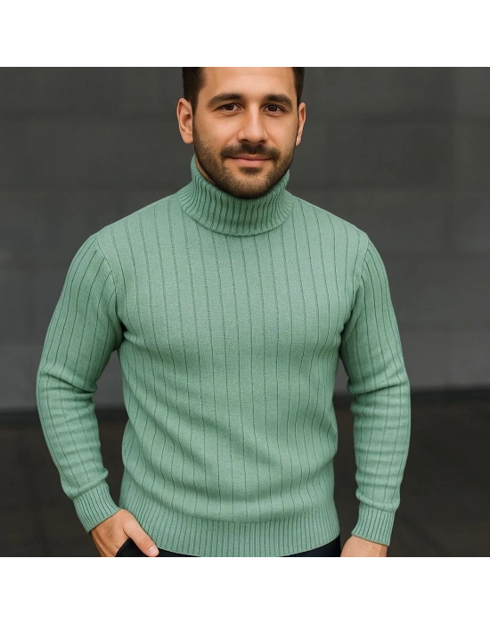 Erkek Tam Boğazlı Balıkçı Yaka Triko Kazak Kalın Fitilli - Mint Yeşili