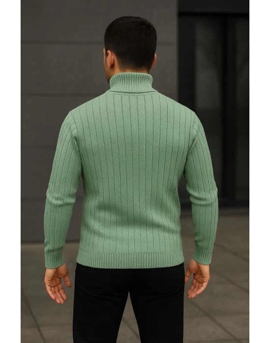 Erkek Tam Boğazlı Balıkçı Yaka Triko Kazak Kalın Fitilli - Mint Yeşili