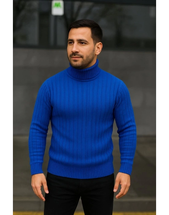 Erkek Tam Boğazlı Balıkçı Yaka Triko Kazak Kalın Fitilli - Saks Mavisi