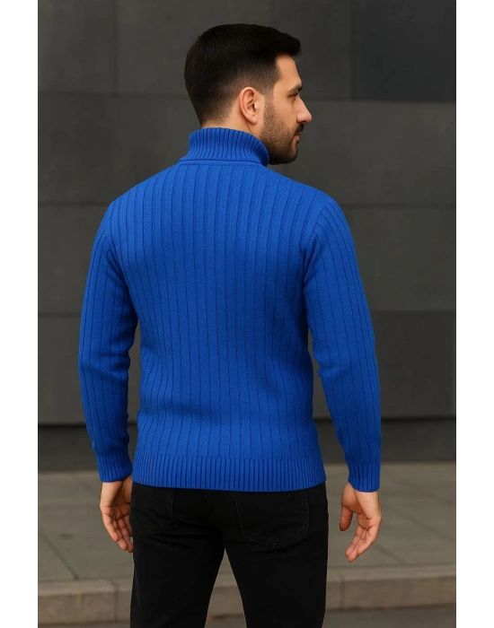 Erkek Tam Boğazlı Balıkçı Yaka Triko Kazak Kalın Fitilli - Saks Mavisi