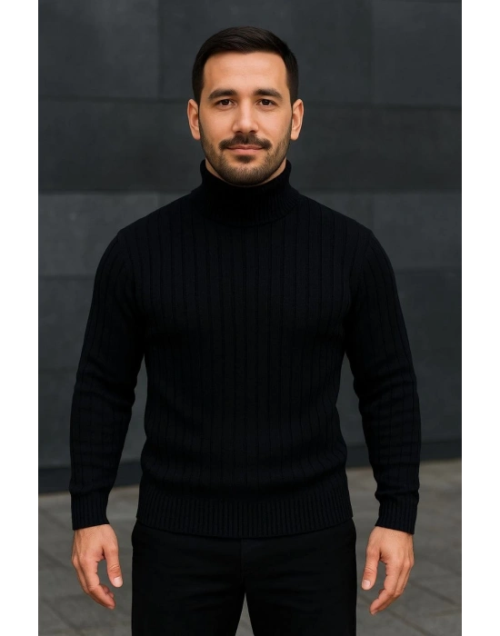 Erkek Tam Boğazlı Balıkçı Yaka Triko Kazak Kalın Fitilli - Siyah