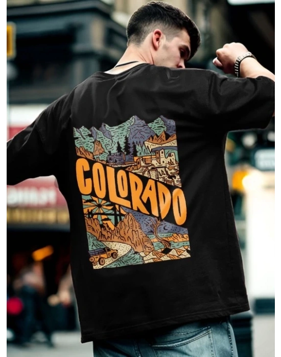 Erkek Tişört Baskılı Oversize Kısa kol T-shirt - Siyah