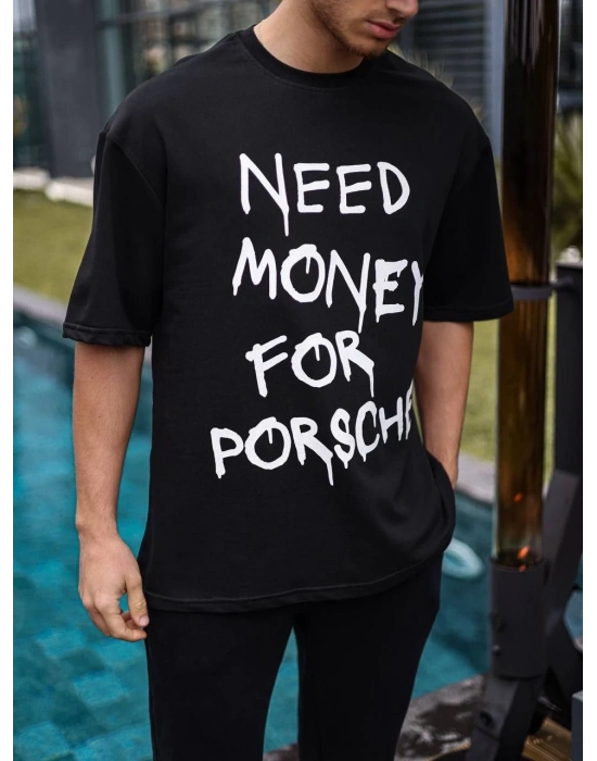 Erkek Tişört Bisiklet Yaka Baskılı Kısa kol Oversize T-Shirt - Siyah