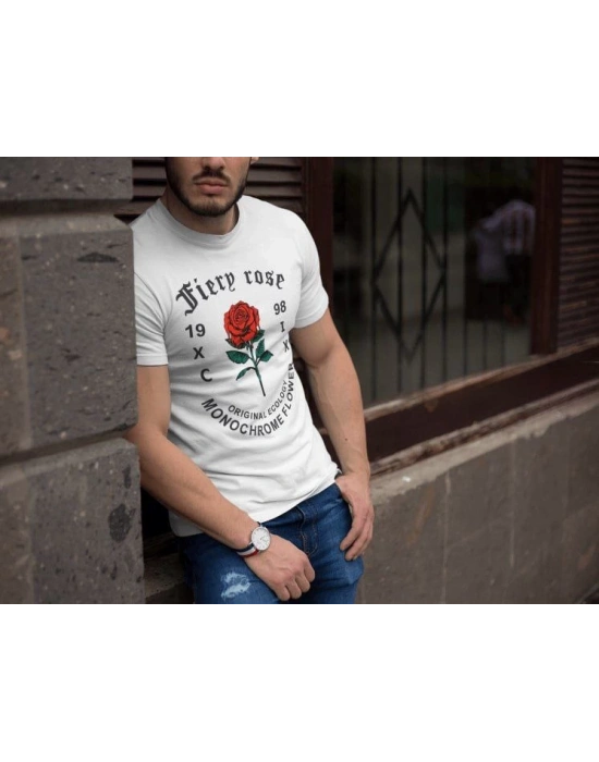 Erkek Tişort Bisiklet Yaka Baskılı Kısa kol T-Shirt - Beyaz