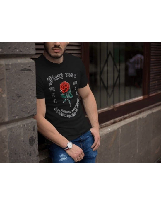 Erkek Tişort Bisiklet Yaka Baskılı Kısa kol T-Shirt - Siyah
