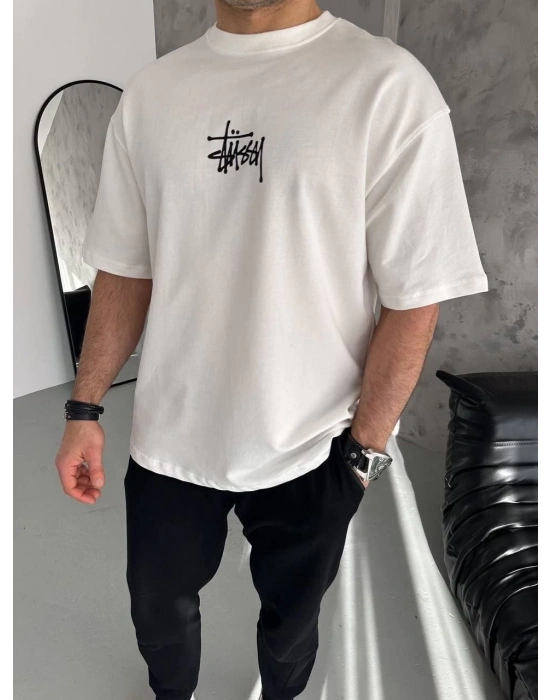 Erkek Tişört Bisiklet Yaka Baskılı Oversize Kısa kol T-Shirt - Beyaz