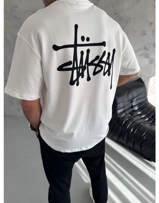 Erkek Tişört Bisiklet Yaka Baskılı Oversize Kısa kol T-Shirt - Beyaz