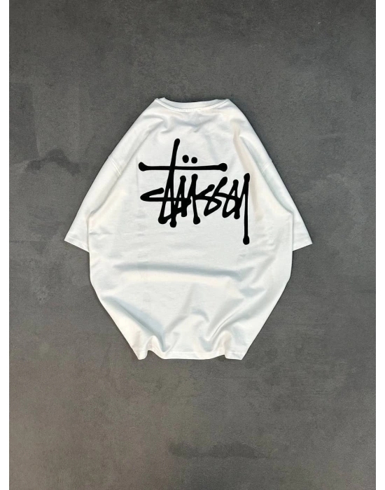 Erkek Tişört Bisiklet Yaka Baskılı Oversize Kısa kol T-Shirt - Beyaz