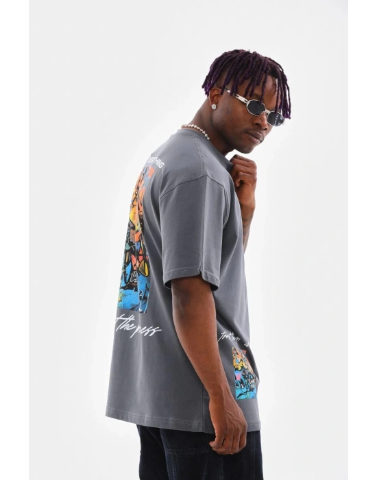 Erkek Tişort  Bisiklet Yaka Baskılı Oversize T-Shirt - Gri