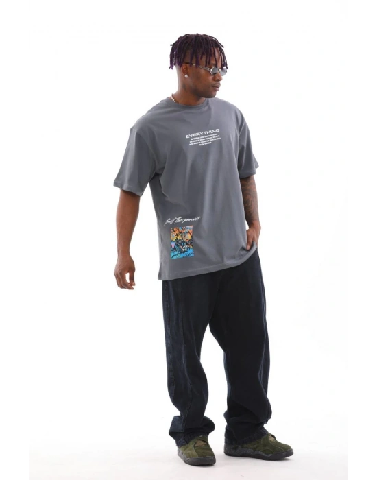 Erkek Tişort  Bisiklet Yaka Baskılı Oversize T-Shirt - Gri