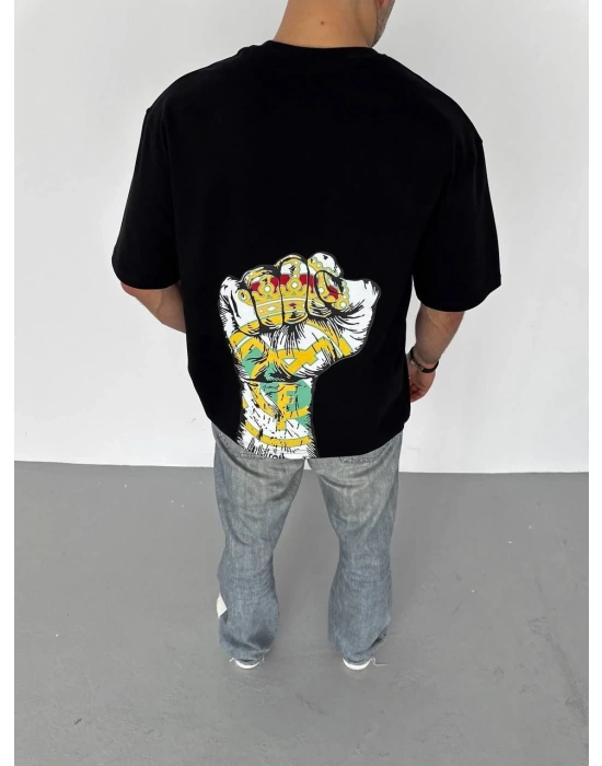 ERKEK Tişört Bisiklet Yaka Baskılı Oversize T-Shirt - Siyah
