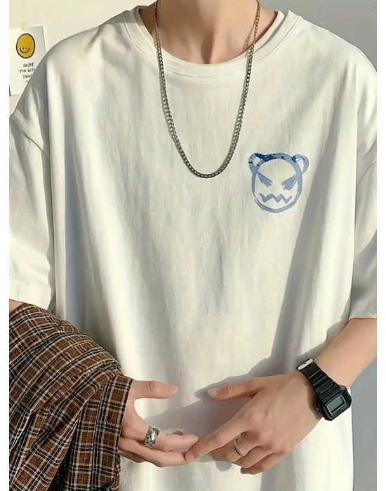 Erkek Tişört Bisiklet Yaka Kore sevimli ayı baskı Kısa Kol T-Shirt  - Beyaz