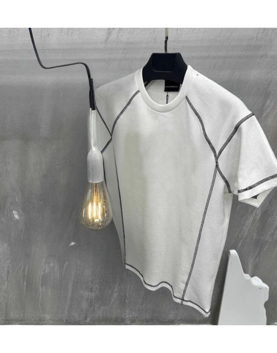 Erkek Tişört Karoyaka Dikişli Oversize T-Shirt - Beyaz