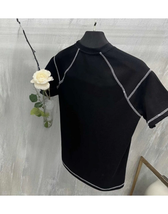 Erkek Tişört Karoyaka Dikişli Oversize T-Shirt - Siyah