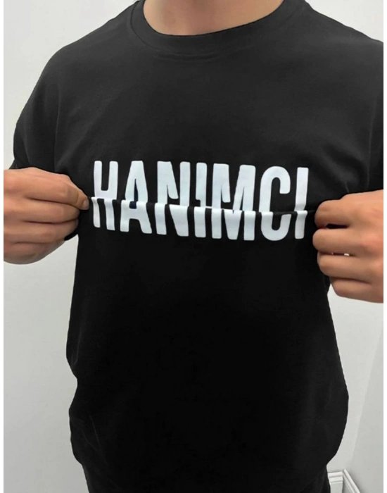 Erkek Tişört Kısa Kol Bisiklet Yaka Katlanan HANIMCI Baskılı T-Shirt - Siyah