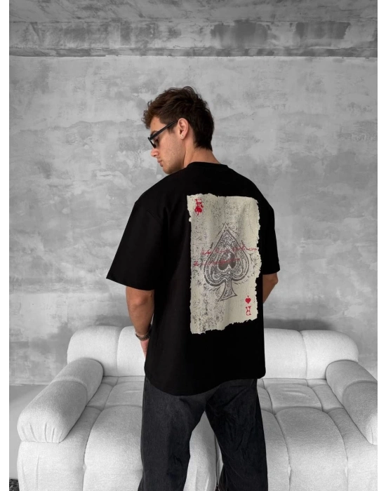 ERKEK Tişört Kısa Kol Ön ve Arka Baskılı Oversize Bisiklet Yaka T-shirt - Siyah