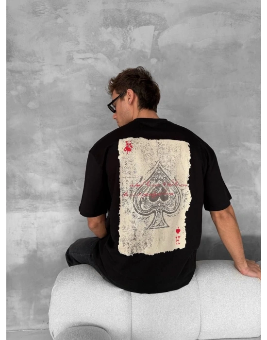 ERKEK Tişört Kısa Kol Ön ve Arka Baskılı Oversize Bisiklet Yaka T-shirt - Siyah
