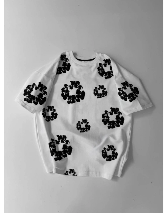 Erkek Tişört Ön ve Arka Baskılı Oversize Bisiklet Yaka T-shirt- Beyaz