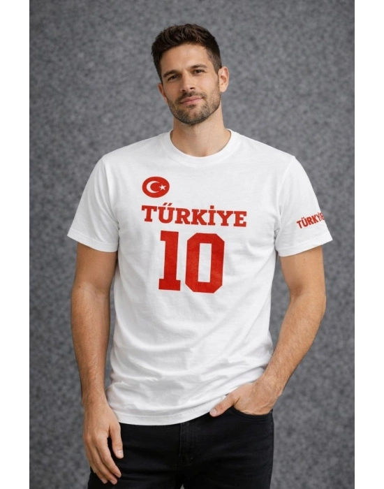 Erkek TÜRKİYE Ay Yıldız Baskılı 10 Numara Forma Tişört Taraftar T-Shirt - Beyaz