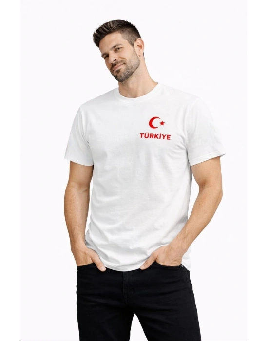 Erkek TÜRKİYE Ay Yıldız Baskılı Taraftar Forma T-Shirt - Beyaz