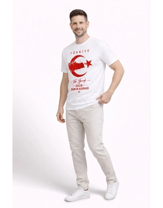 Erkek TÜRKİYE Ay Yıldız Baskılı Taraftar Forma T-Shirt - Beyaz