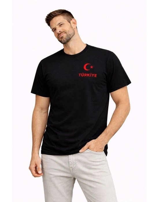Erkek TÜRKİYE Ay Yıldız Baskılı Taraftar Forma T-Shirt - Siyah