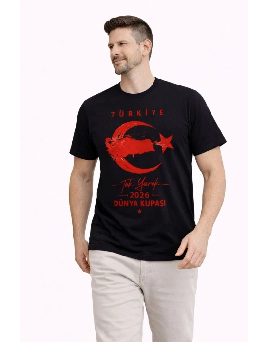Erkek TÜRKİYE Ay Yıldız Baskılı Taraftar Forma T-Shirt - Siyah