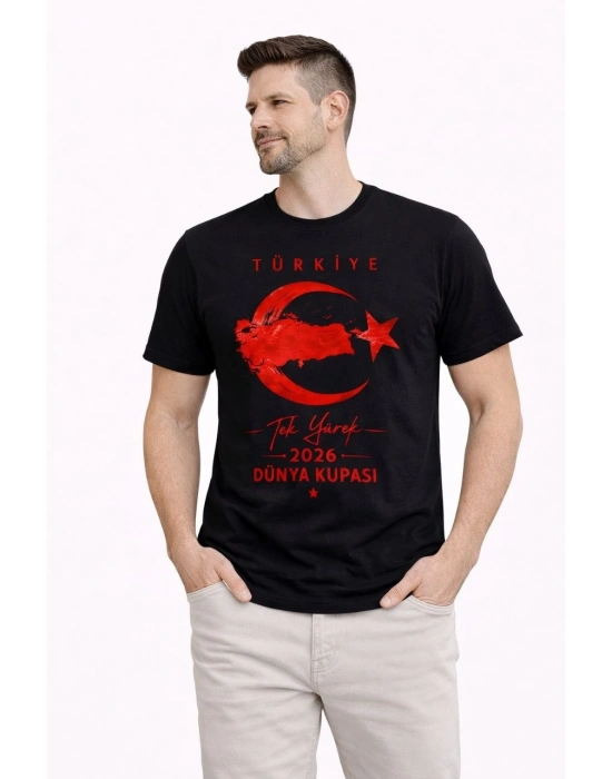 Erkek TÜRKİYE Ay Yıldız Baskılı Taraftar Forma T-Shirt - Siyah