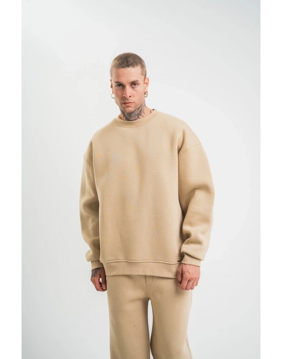 Erkek Uzun Kol Bisiklet Yaka 3 iplik Pamuklu Kışlık SweatShirt  - Bej