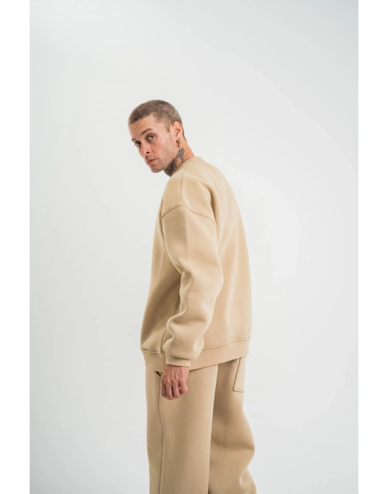 Erkek Uzun Kol Bisiklet Yaka 3 iplik Pamuklu Kışlık SweatShirt  - Bej