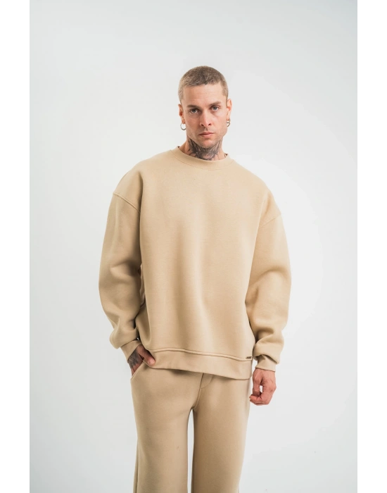 Erkek Uzun Kol Bisiklet Yaka 3 iplik Pamuklu Kışlık SweatShirt  - Bej