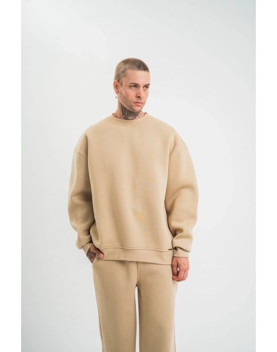 Erkek Uzun Kol Bisiklet Yaka 3 iplik Pamuklu Kışlık SweatShirt  - Bej